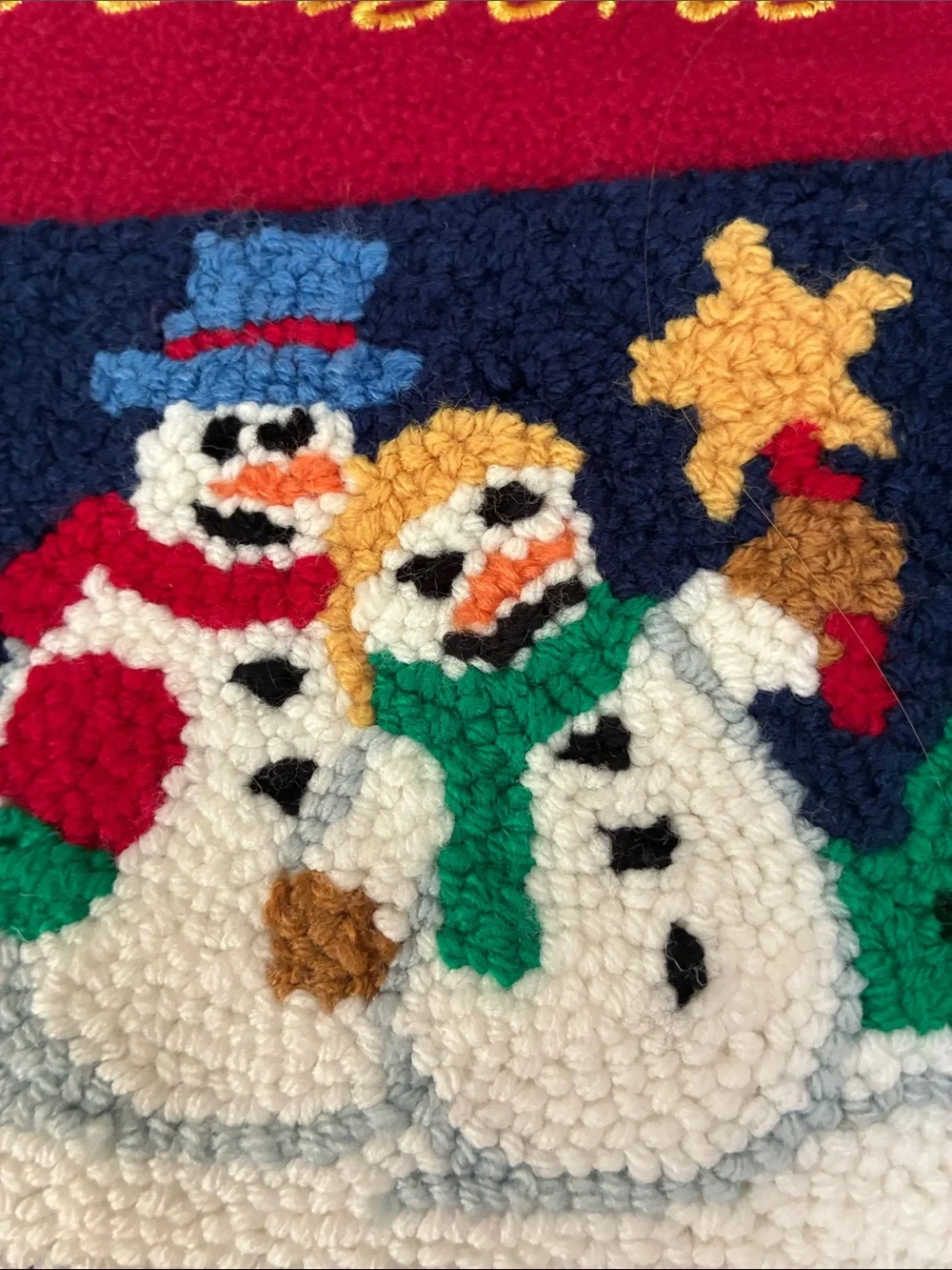 Vintage wool handhooked holiday stocking snowman & wife